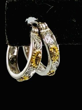 Poplyke Sterling Silver 925 Sunflower Hoop Earrings Floral Hinge Back Snap Close